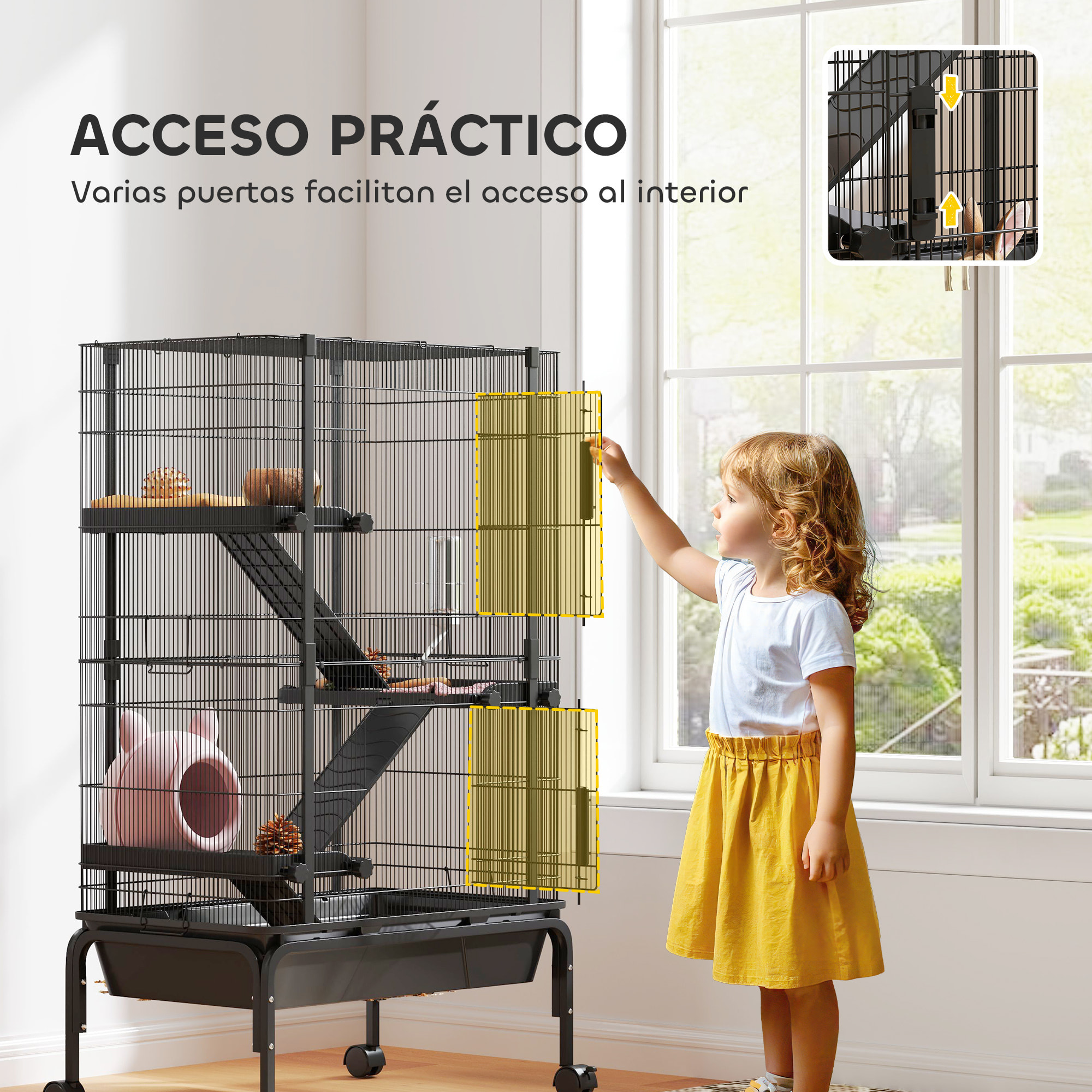 Jaula para Animales Pequeños de 4 Niveles Jaula para Roedores con Ruedas Rampas Cuenco Botella de Agua y Bandeja Extraíble Recinto para Conejos Chinchillas Hurones Cobayo 69x44x120 cm Negro