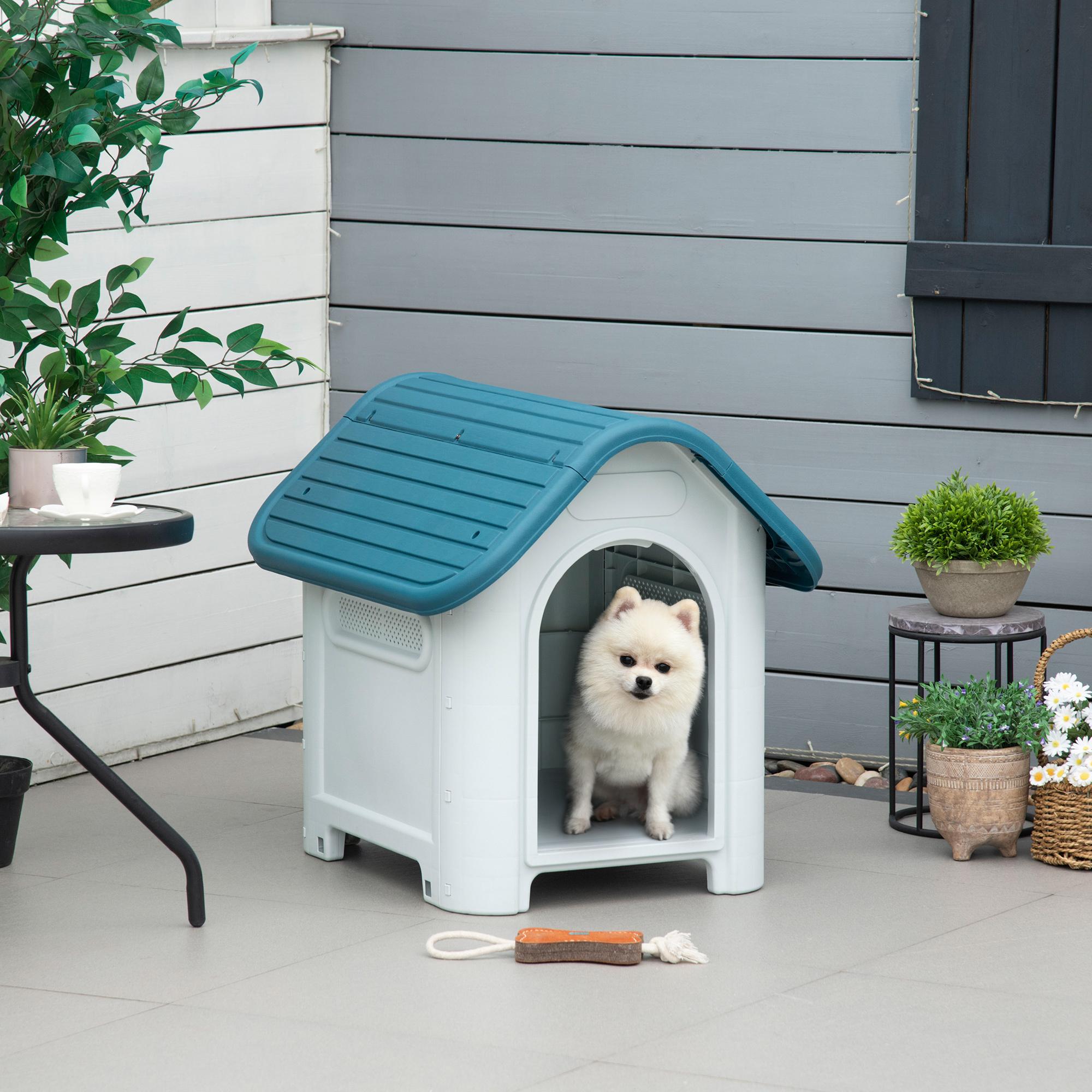 Caseta para Perros Mini para Uso Interior y Exterior con respiraderos Estilo Cabaña Resistente 59x75x66 cm Azul y Gris