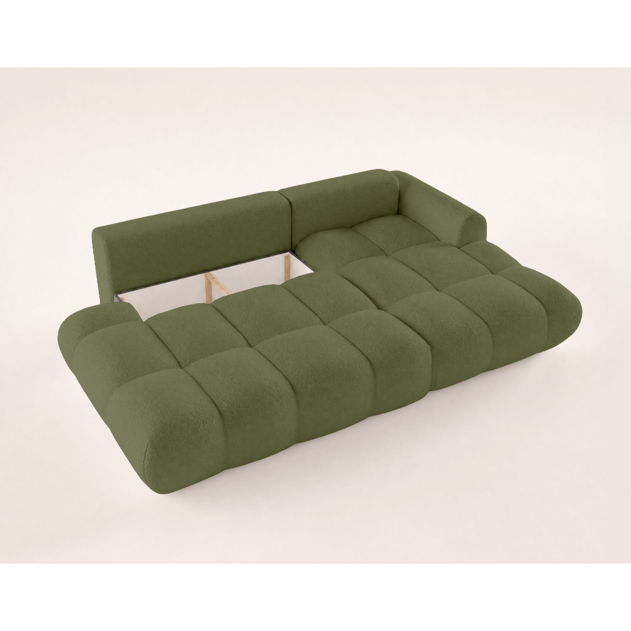 Yulin - Canapé d'angle ouvert droit 4 places convertible avec coffre en tissu bouclette - Vert
