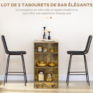 Lot de 2 tabourets de bar style colonial piètement acier résine tressée aspect rotin noir