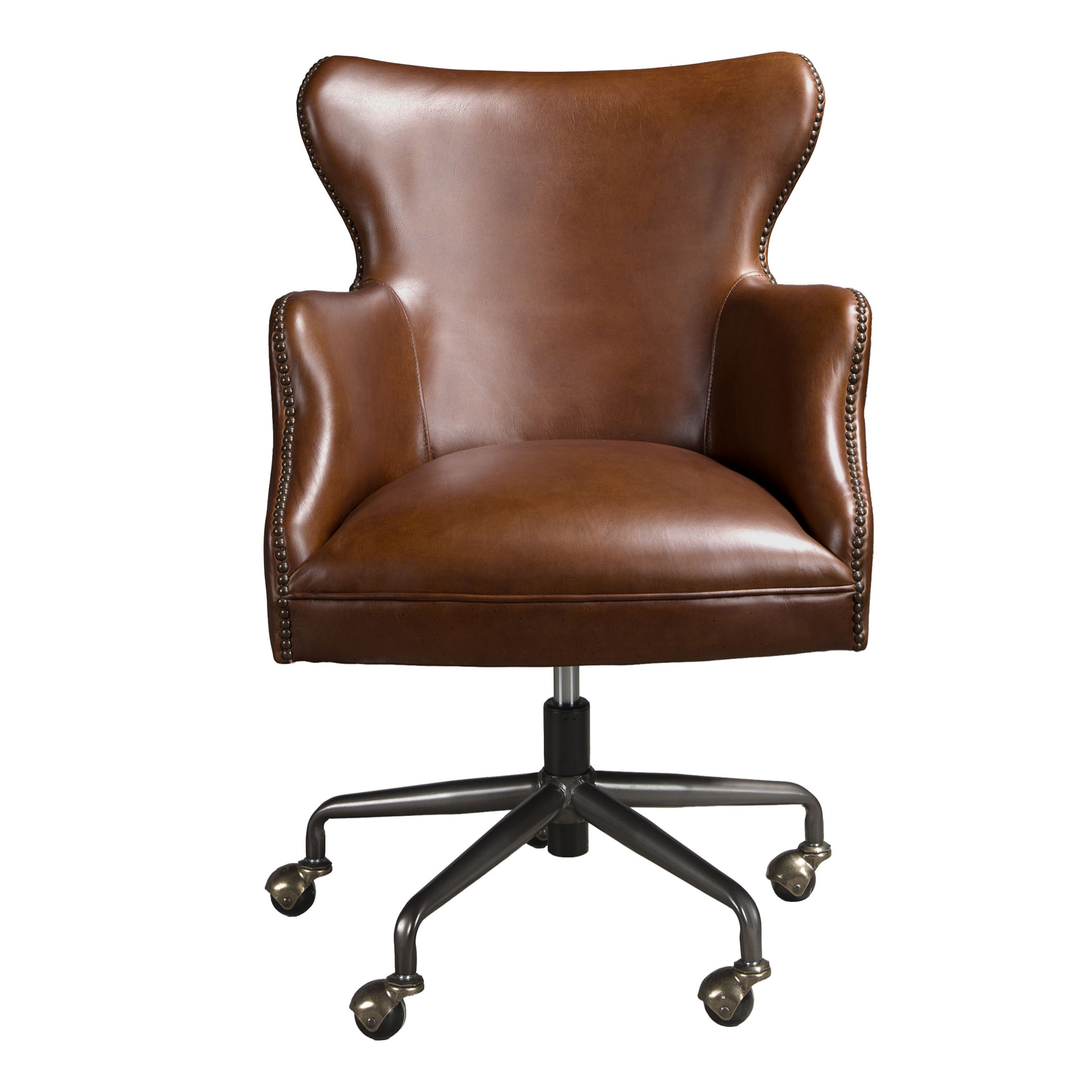 Sillón giratorio con asiento y respaldo tapizado en piel de origen vacuno en marrón oscuro patas en acero inoxidable oscurecido 64x74x90cm