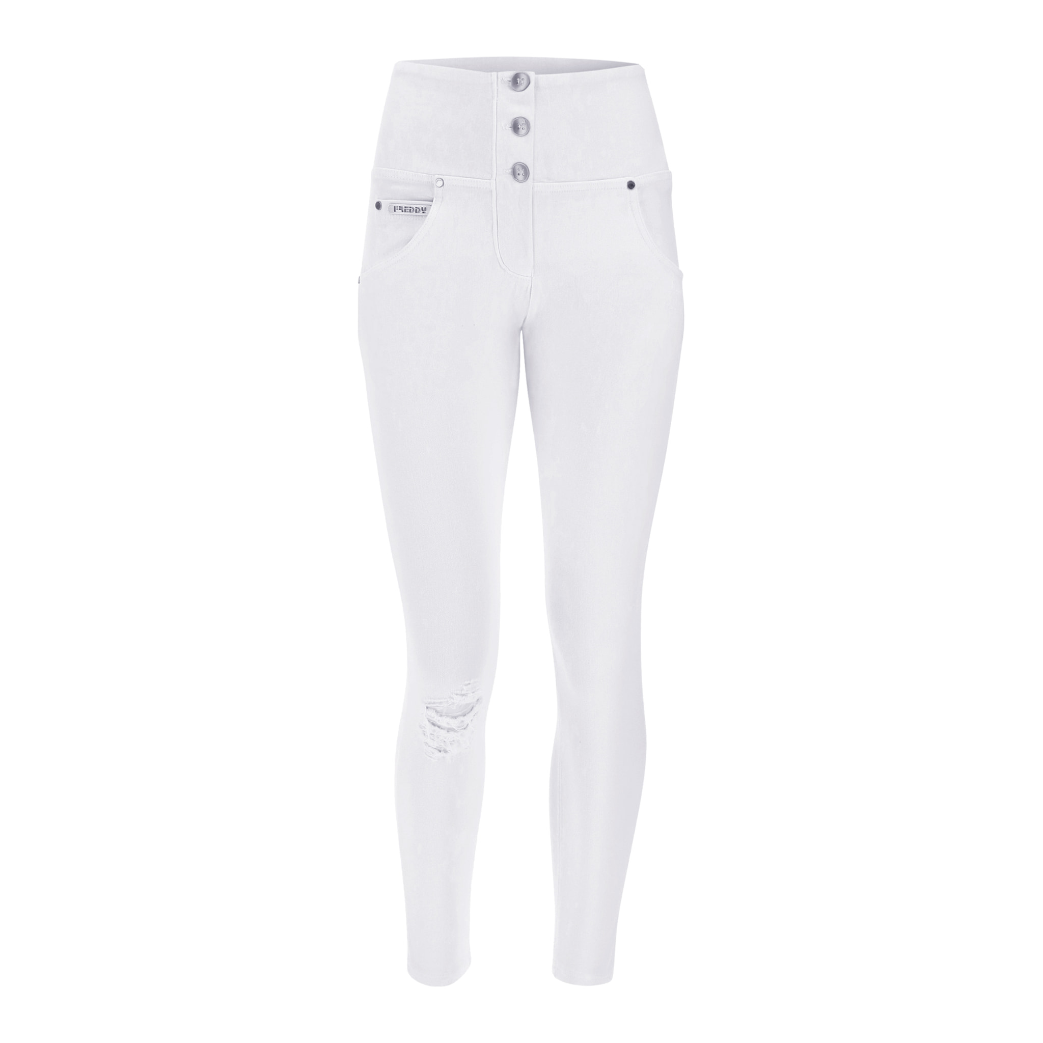 Pantaloni push up WR.UP® 7/8 vita alta con bottoni in tessuto navetta con strappi