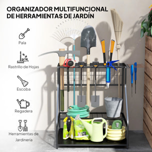 Organizador de Herramientas de Jardín, Estantería de Almacenamiento de 3 Niveles para Garaje con Ganchos, para Palas, Rastrillos, Escobas, Soporte de Metal
