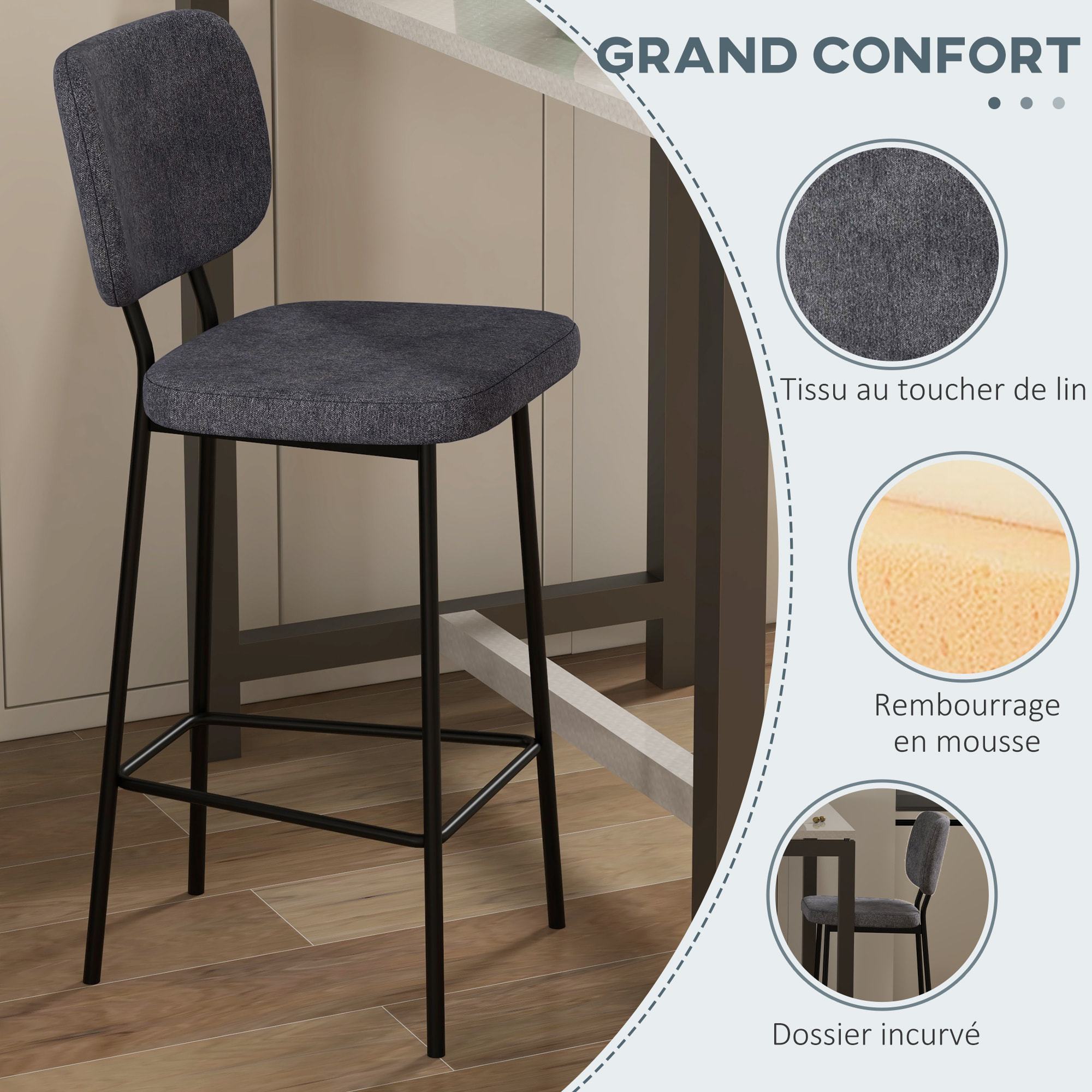 Lot de 2 tabourets de bar style néo-rétro piètement acier noir repose-pied intégré tissu gris