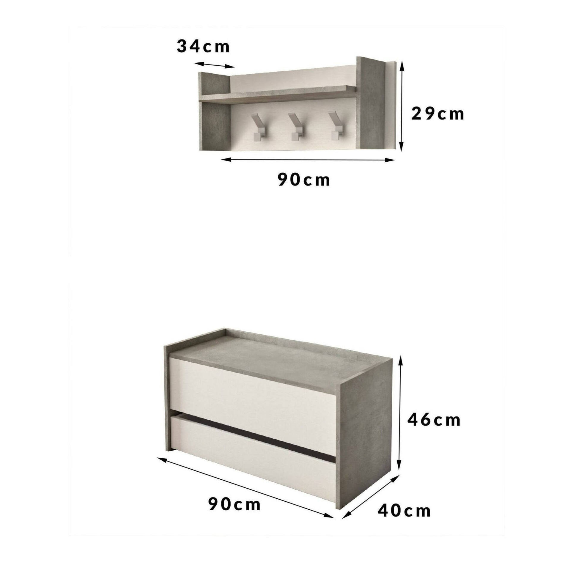 Mobile da ingresso Actinolite, Entratina moderna con appendiabiti, Mobile con scarpiera, Armadietto multifunzione, Cm 50x32h182, Cemento e Bianco