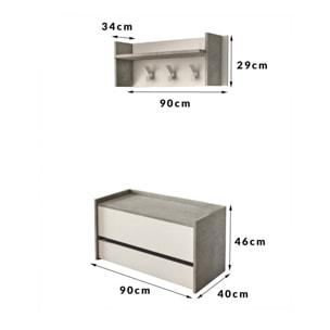 Mobile da ingresso Actinolite, Entratina moderna con appendiabiti, Mobile con scarpiera, Armadietto multifunzione, Cm 50x32h182, Cemento e Bianco