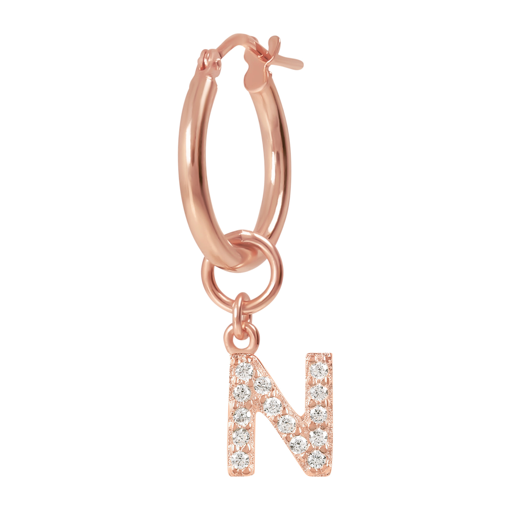 Orecchino a Cerchio con Ciondolo Lettera N in Pavé di Cubic Zirconia Bianche