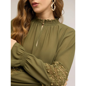 Motivi - Blusa in georgette con maniche ricamate - Verde militare