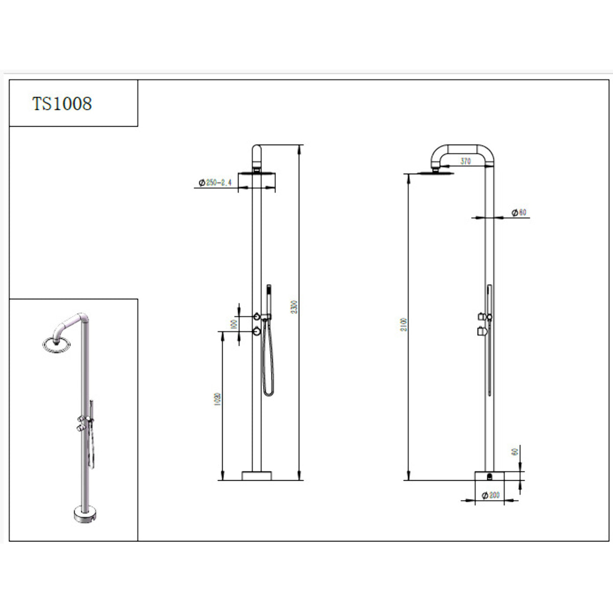 Douche extérieure acier inoxydable 316L, eau chaude/froide, tête de douche orientable 25 cm, douchette à main, brossé (TS1008)