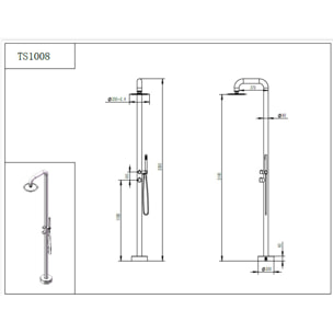 Douche extérieure acier inoxydable 316L, eau chaude/froide, tête de douche orientable 25 cm, douchette à main, brossé (TS1008)