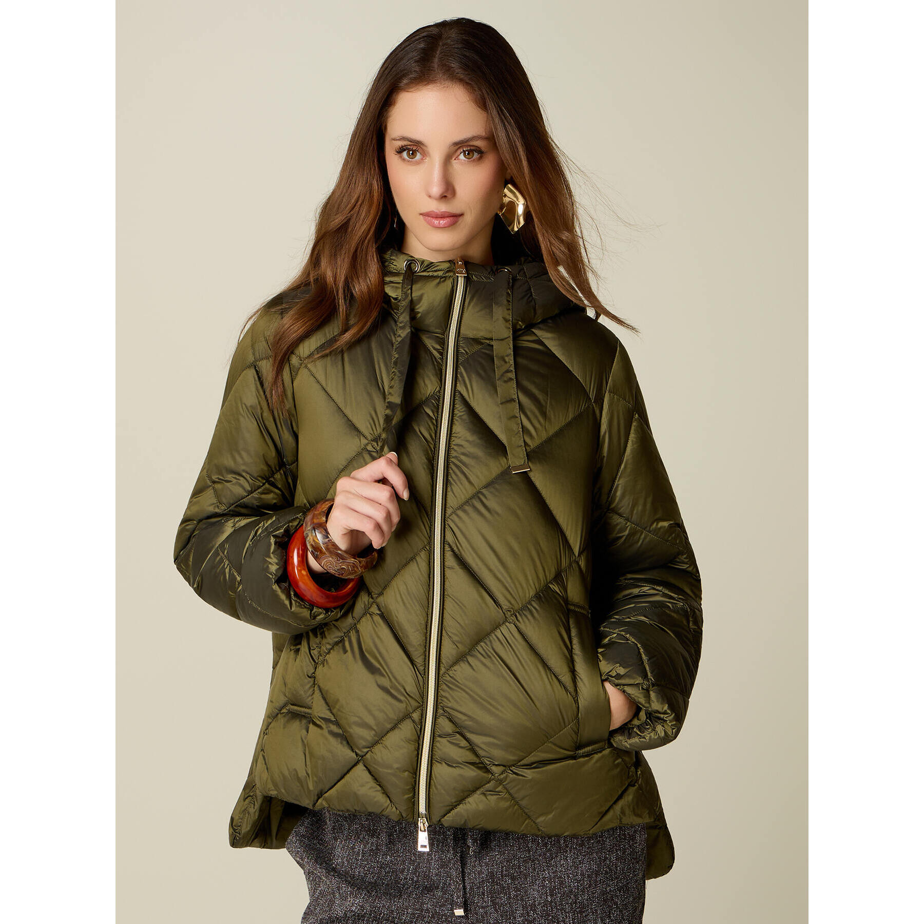 Oltre - Piumino over trapuntato con cappuccio - Verde militare