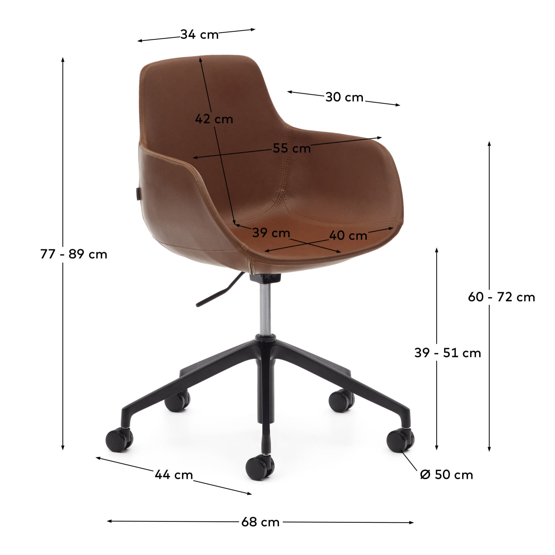 Kave Home - Sedia da scrivania Tissiana in ecopelle marrone e alluminio con finitura nera opaca