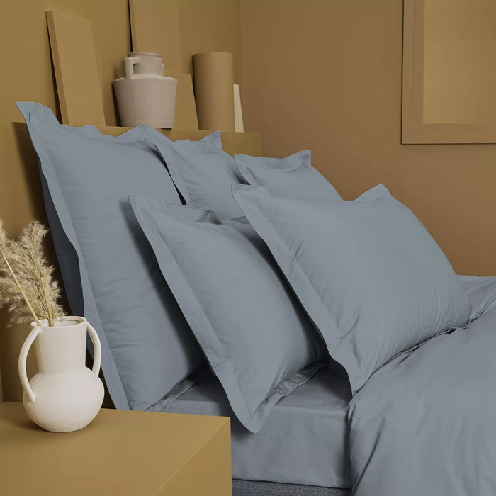 Housse de couette percale de coton uni bleu gris Giulia givre