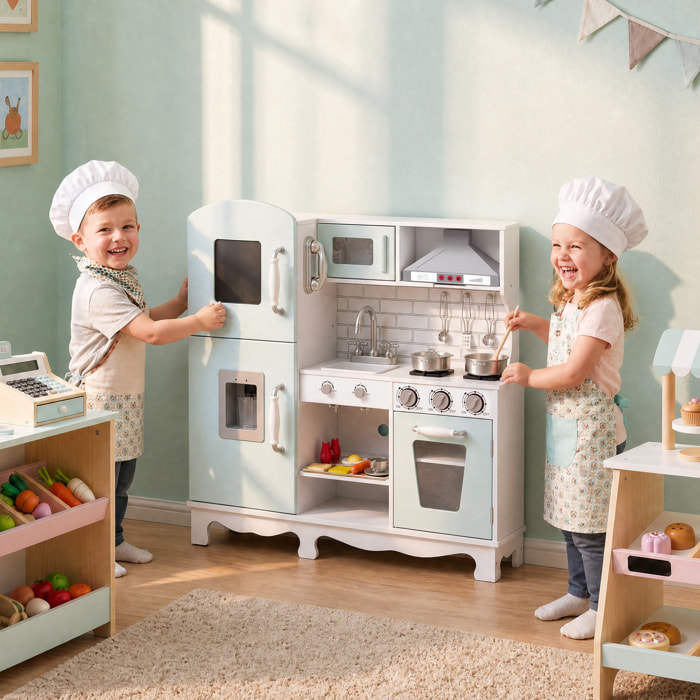 AIYAPLAY Cocina de Juguete de Madera con Luces y Sonidos. Cocinita Infantil con Campana Extractora, Dispensador de Agua, Cafetera, Nevera, Horno, Fregadero, Accesorios, 3-6 Años Verde Azulado