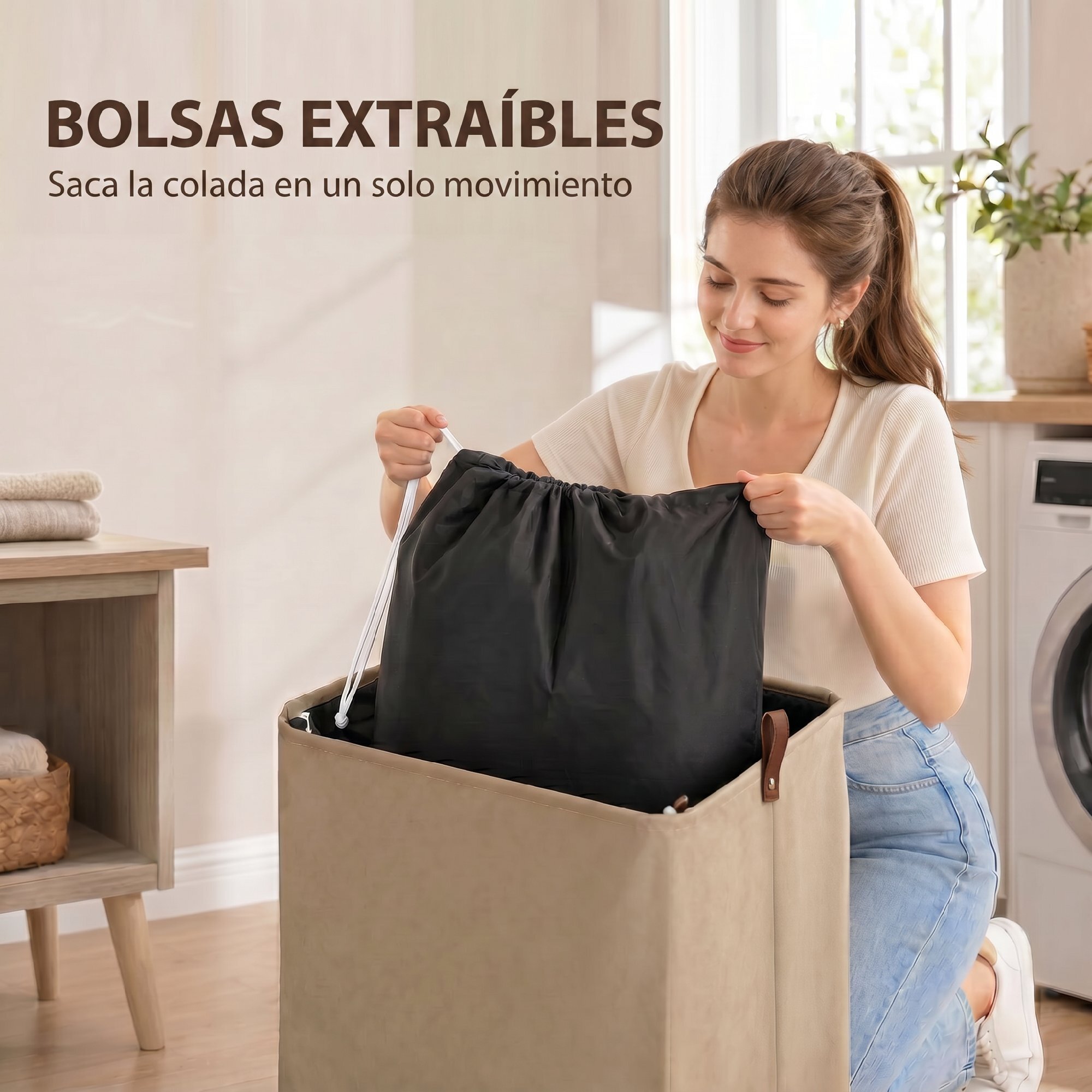 Cesto de Ropa Sucia con Tapa y Ruedas, 50L, Cesta de Ropa Sucia Plegable con Bolsa con Cordón Extraíble y Lavable, para Lavandería, Dormitorio, Baño, 40x30x65 cm, Camel