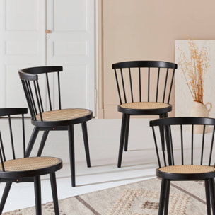Lot de 4 chaises noires en bois et cannage. Nora. L 53 x P 53.5 x H 76cm