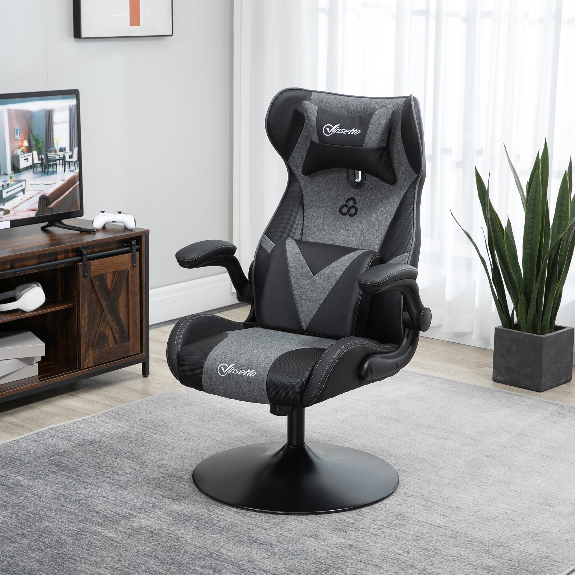 Fauteuil gaming base ronde métal pivotante 360° hauteur réglable tétière coussin lombaires accoudoirs relevables PU tissu gris noir