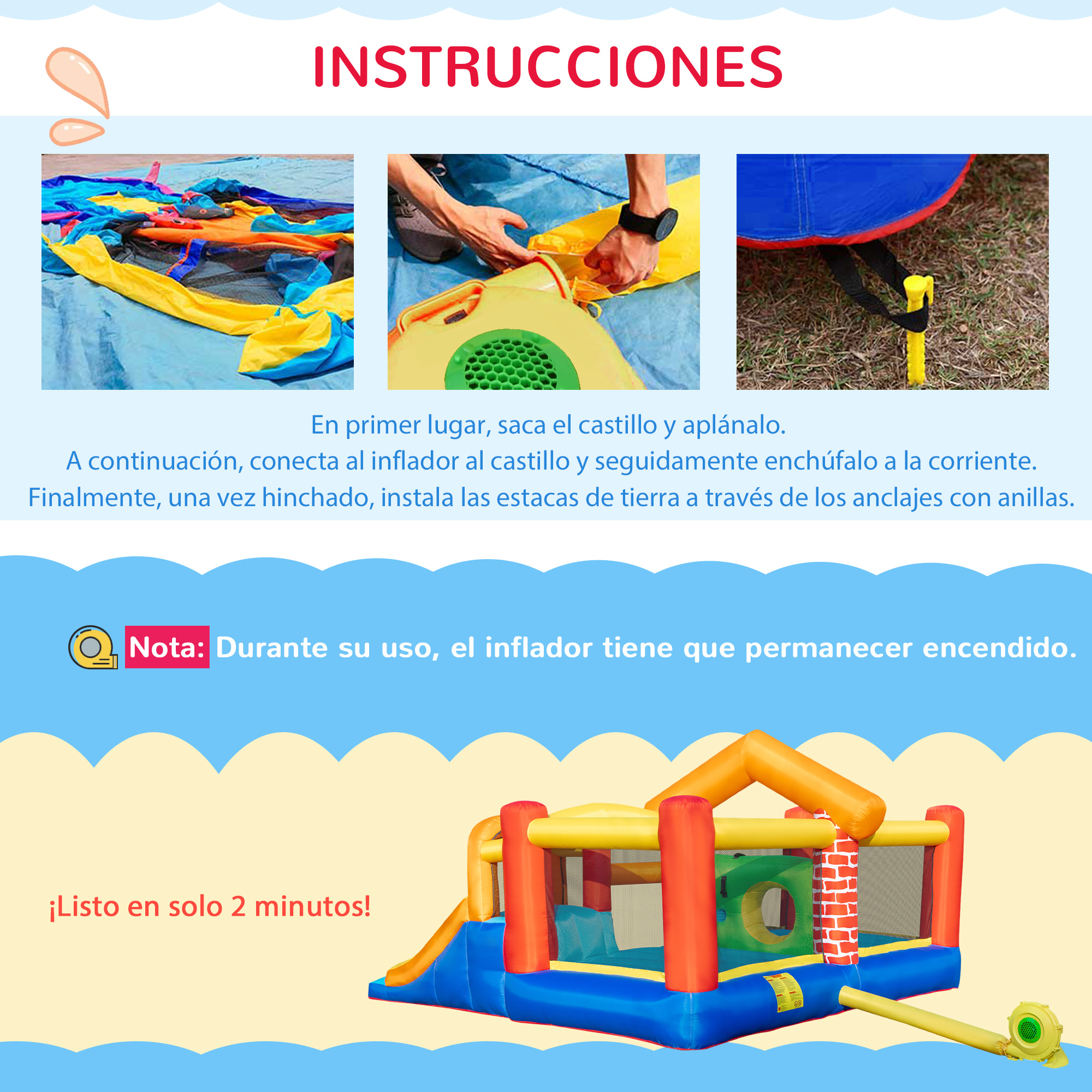 Castillo Hinchable con 2 Toboganes 2 Camas de Salto y Piscina para Niños +3 Años Incluye Inflador y Bolsa de Transporte para Interior Exterior 380x370x230 cm Multicolor