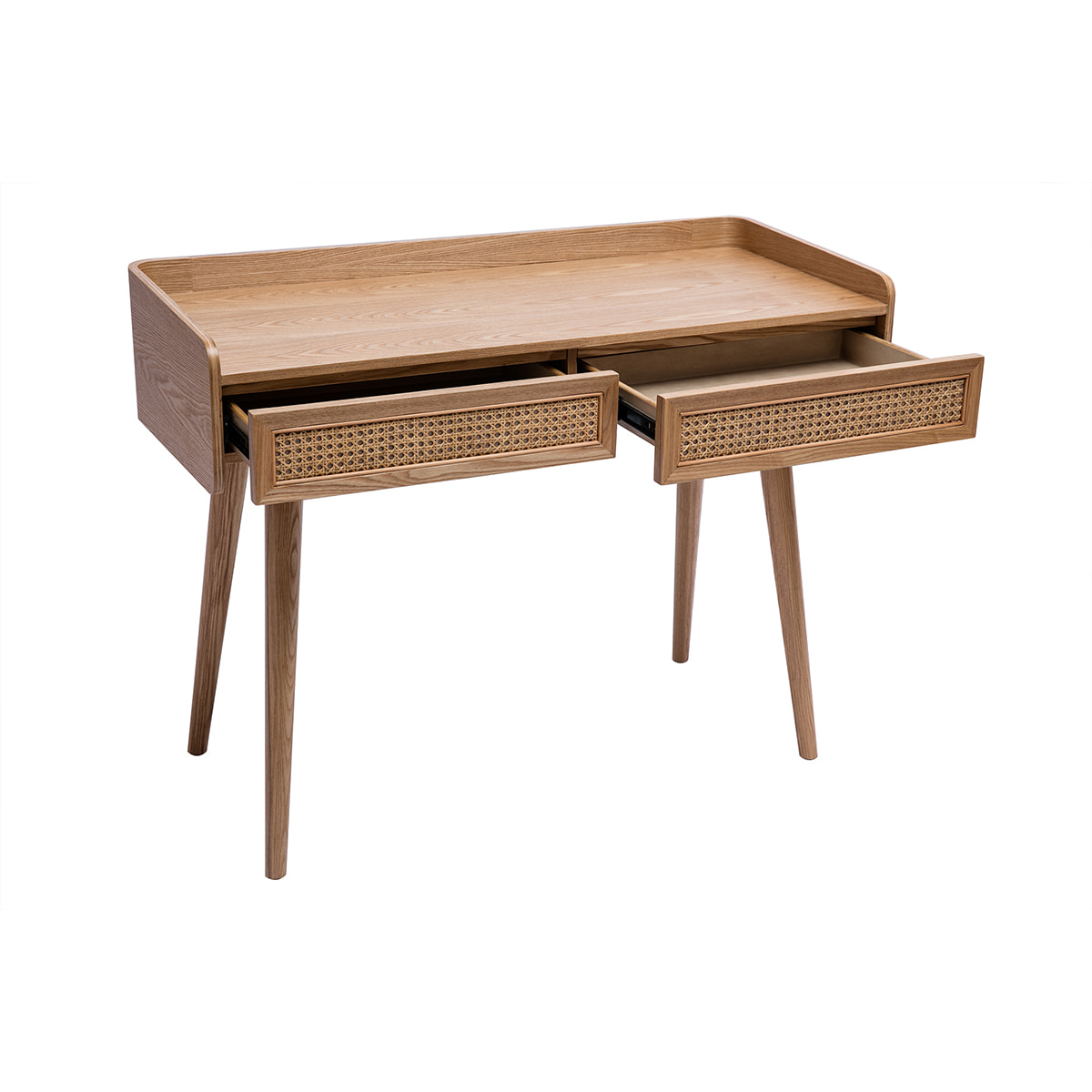 Bureau design avec rangements 2 tiroirs bois clair et cannage rotin L105 cm ELSY