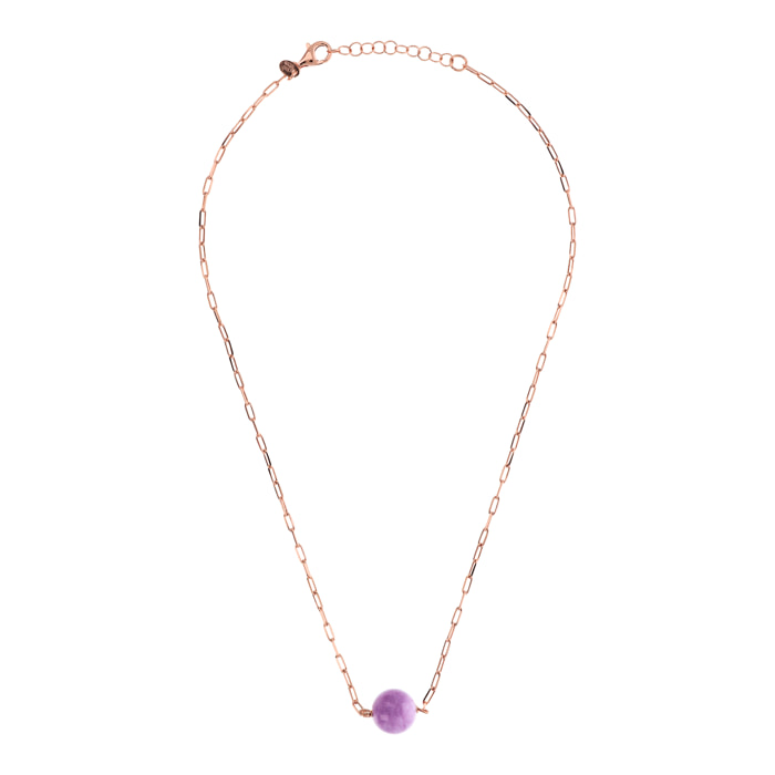 Collana Catena Forzatina con Pendente Sferico in Pietra Naturale Quarzite Viola in Argento 925 placcato Oro rosa 18Kt