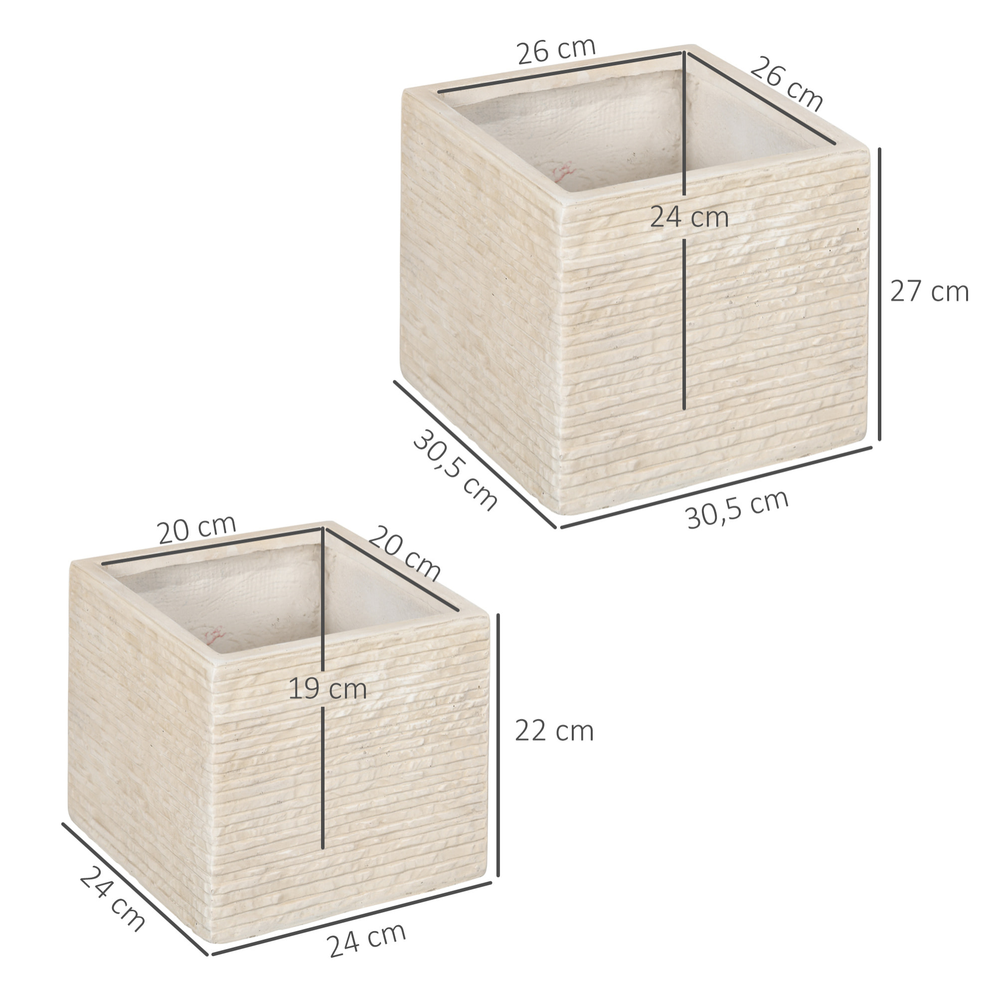 Lot de 2 pots de fleurs empilables - système drainage intégré - oxyde de magnésium aspect pierre