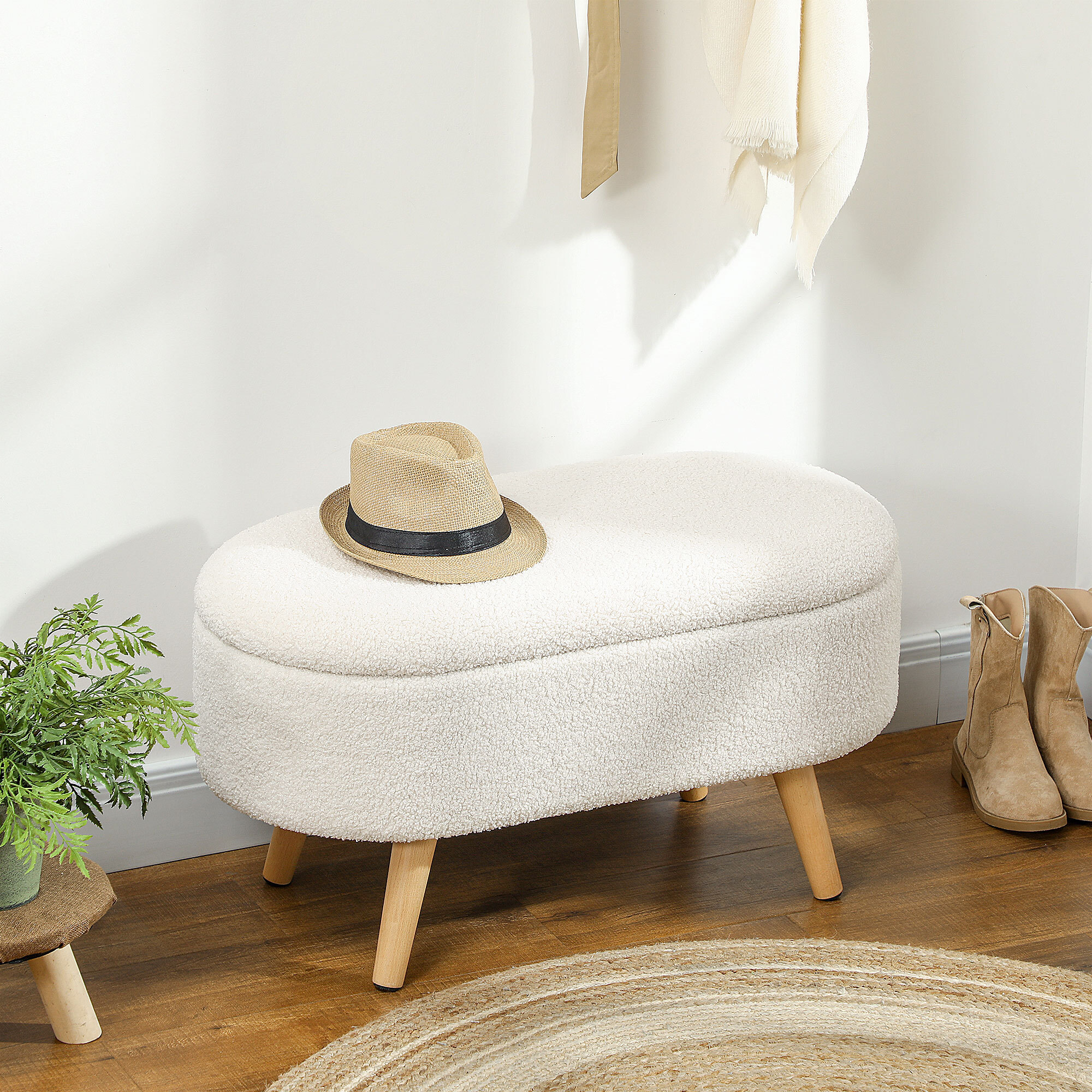Banquette coffre style nordique bois bouclettes blanc