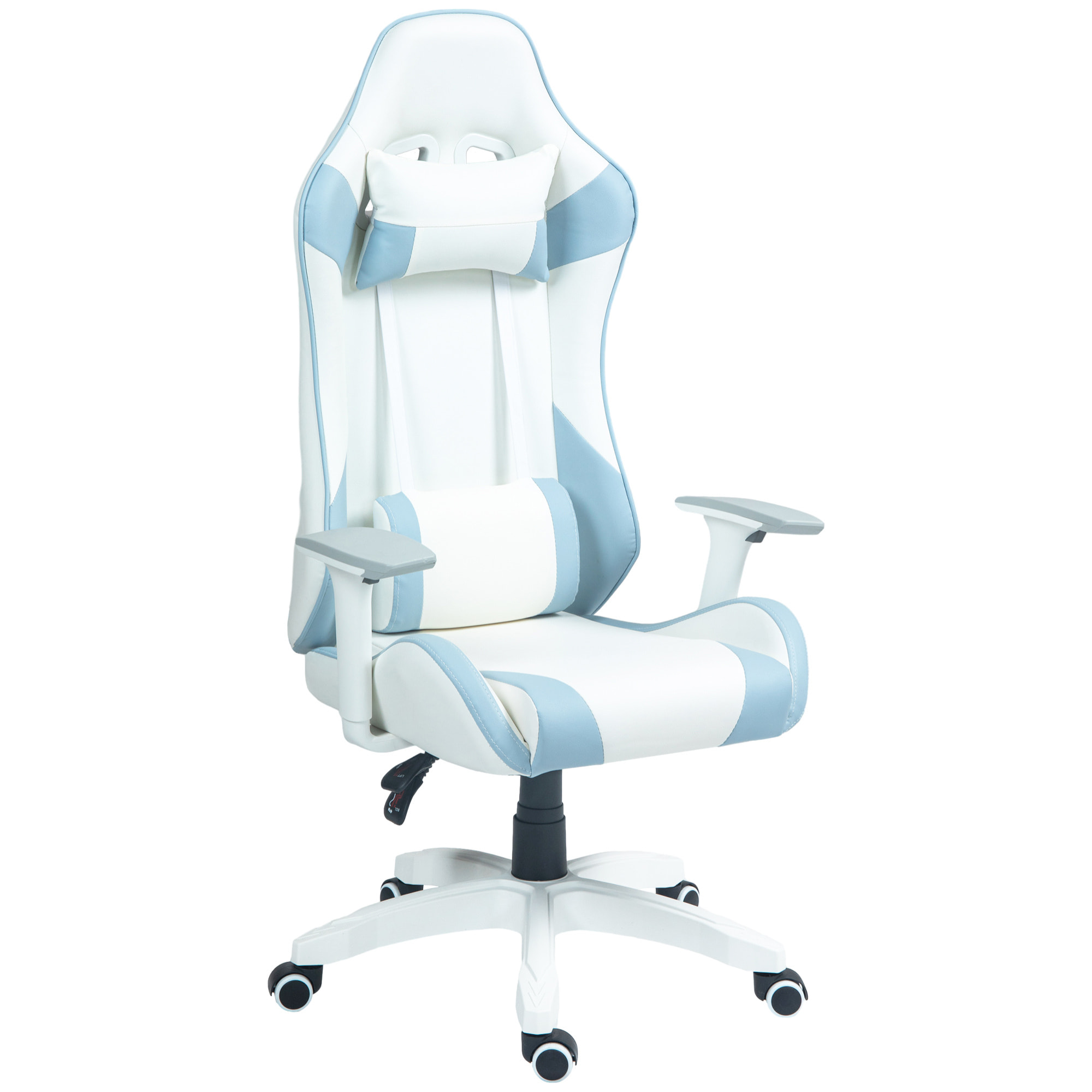 Silla Gaming Reclinable Silla Gamer Giratoria Silla de Oficina Basculante con Cojín Lumbar Reposabrazos 3D Reposacabezas Extraíble y Altura Ajustable 67x60x120-128 cm Blanco y Azul