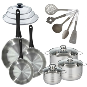 Batterie de cuisine Généva Brillant Vario avec 3 faitouts et 3 poêles avec couvercles et 8 ustensiles Fackelmann Généva Brillant Vario avec couvercles