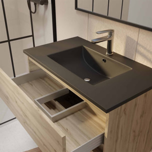 Pack Meuble SDB 80cm suspendu 2 tiroirs Chene_Vasque noire + Miroir - TIMBER 80