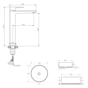 PixL 36 x 12,5 cm vasque à poser + Swiss Aqua Technologies Mood mitigeur lavabo XL + Ceramia PixL bonde (CEPX36GEMSAT285C)