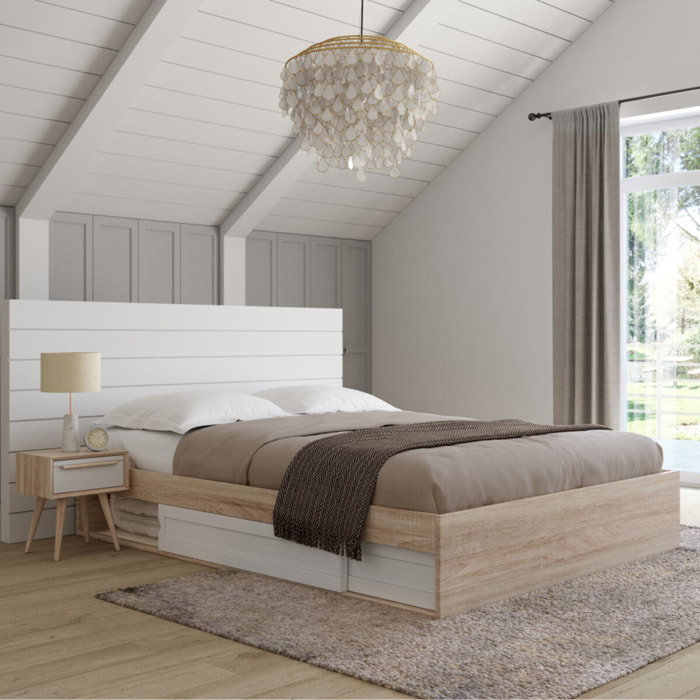 Cadre de lit Orem bois et blanc avec sommier et rangements intégrés 160x200cm