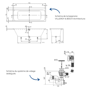 Baignoire droite 170 x 70 VILLEROY & BOCH Architectura + Vidage de baignoire WIRQUIN noir