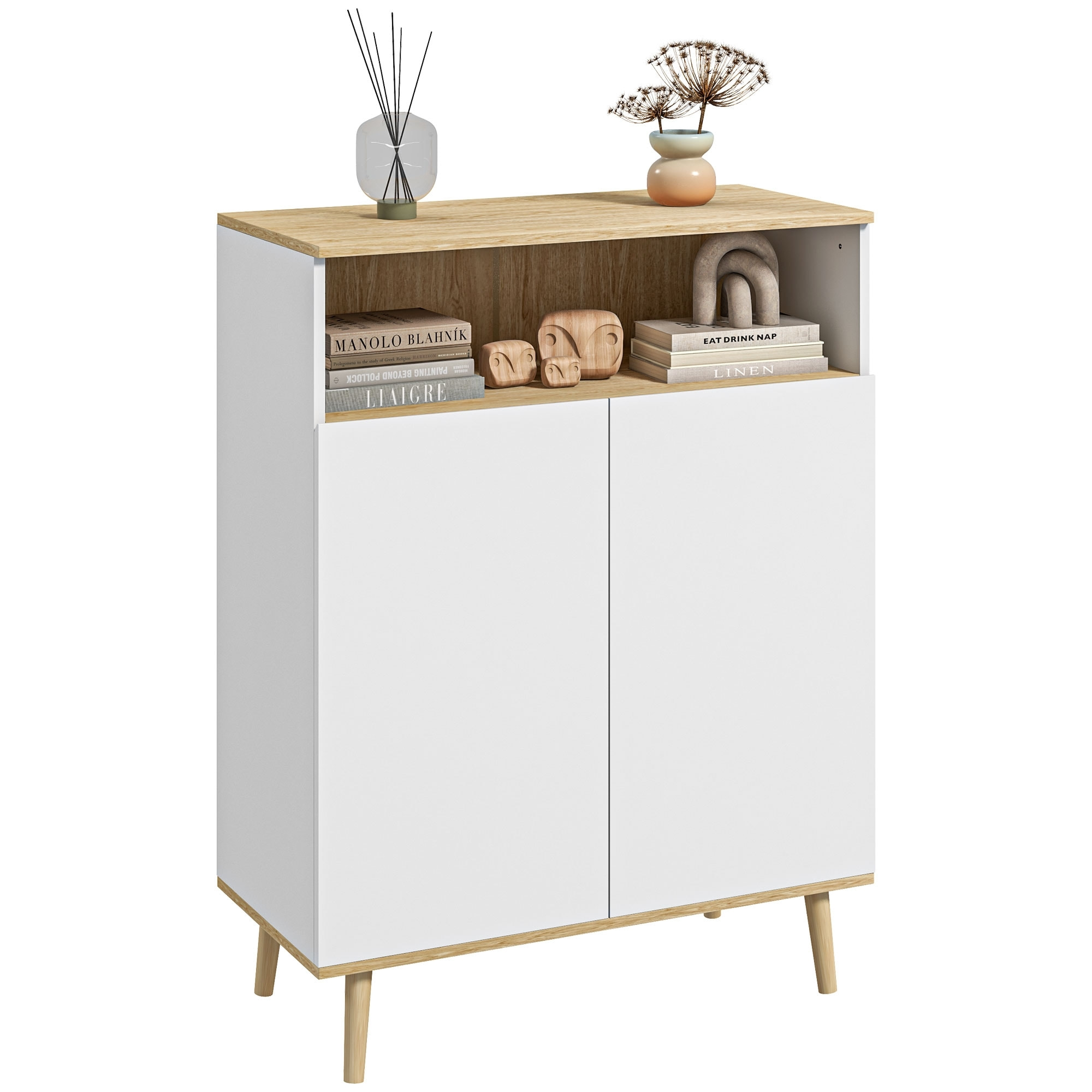 Buffet rangement design scandinave 2 portes étagère niche piètement bois pin panneaux blanc aspect chêne clair