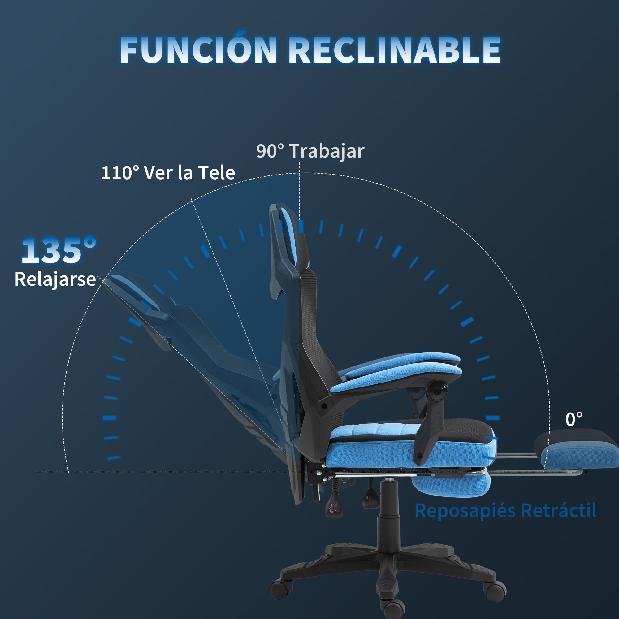 Silla Gaming Giratoria de Malla, Silla Gamer con Reposapiés Retráctil, Respaldo Reclinable y Alto, Altura Ajustable, Reposabrazos Acolchados, Azul