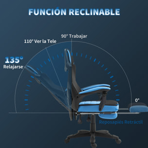 Silla Gaming Giratoria de Malla, Silla Gamer con Reposapiés Retráctil, Respaldo Reclinable y Alto, Altura Ajustable, Reposabrazos Acolchados, Azul