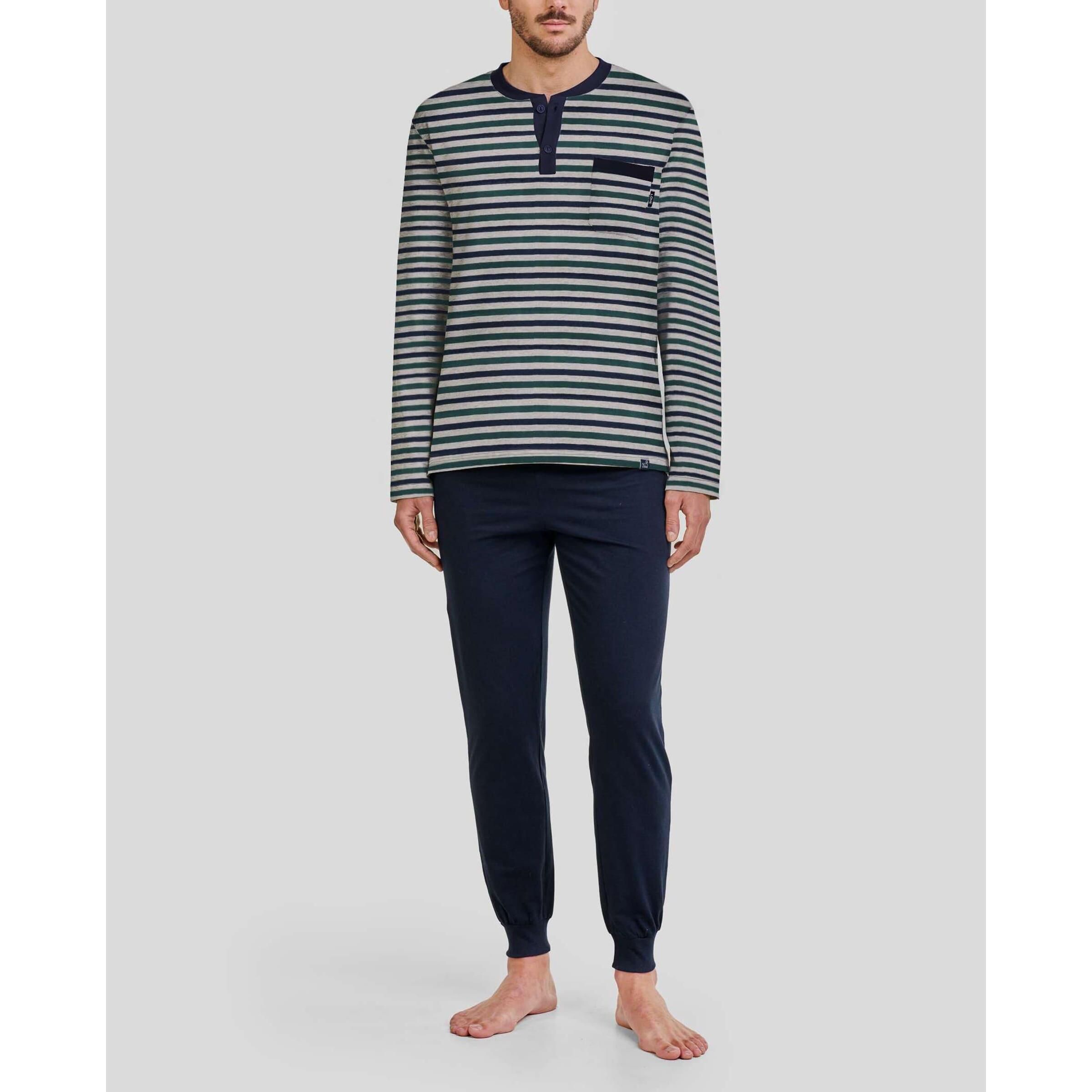 Pijama hombre parte superior de rayas, abertura de botones, manga larga y pantalón largo liso con puños