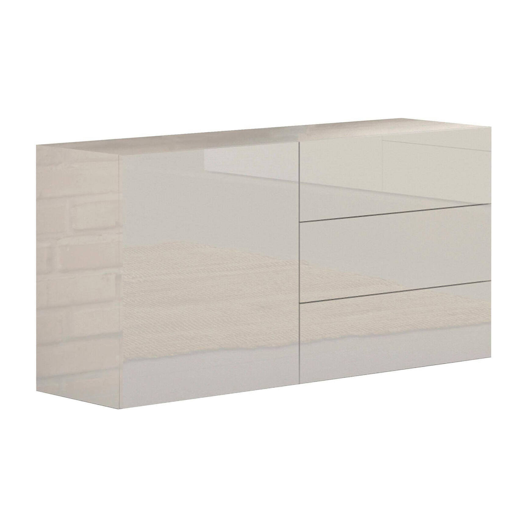 Credenza moderna a 1 anta e 3 cassetti, Made in Italy, Madia da cucina, Buffet di design da soggiorno, cm 110x40h35, colore Bianco lucido