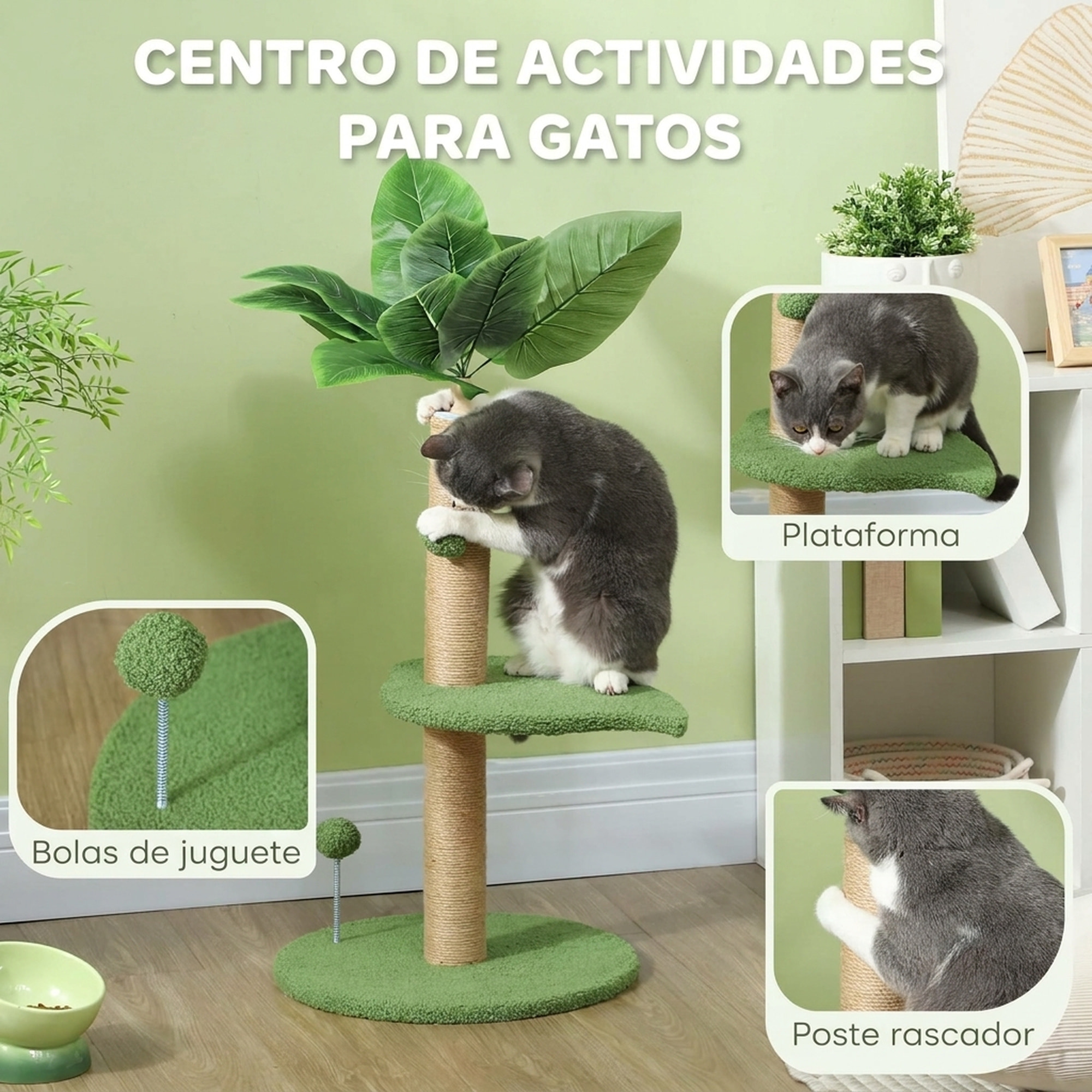 PawHut Árbol Rascador para Gatos 83 cm con Hojas Artificiales, Torre para Gatos con Poste de Yute, Plataformas de Felpa, 2 Juguetes de Bolas, Verde