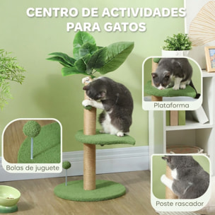 PawHut Árbol Rascador para Gatos 83 cm con Hojas Artificiales, Torre para Gatos con Poste de Yute, Plataformas de Felpa, 2 Juguetes de Bolas, Verde