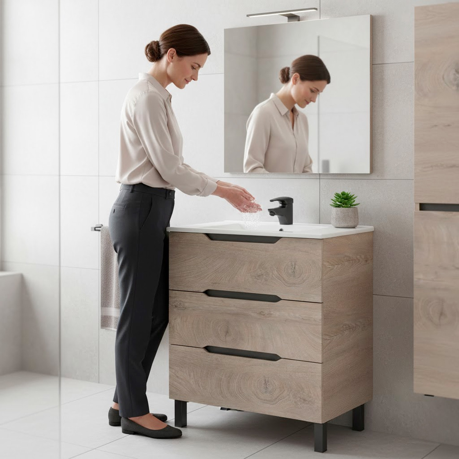 Mobile Bagno A Terra Con 3 Cassettoni Soft Close E Lavabo In Ceramica Incluso Mobiletto Design Moderno Salvaspazio 80 x 45 x 86 Cm Colore Rovere