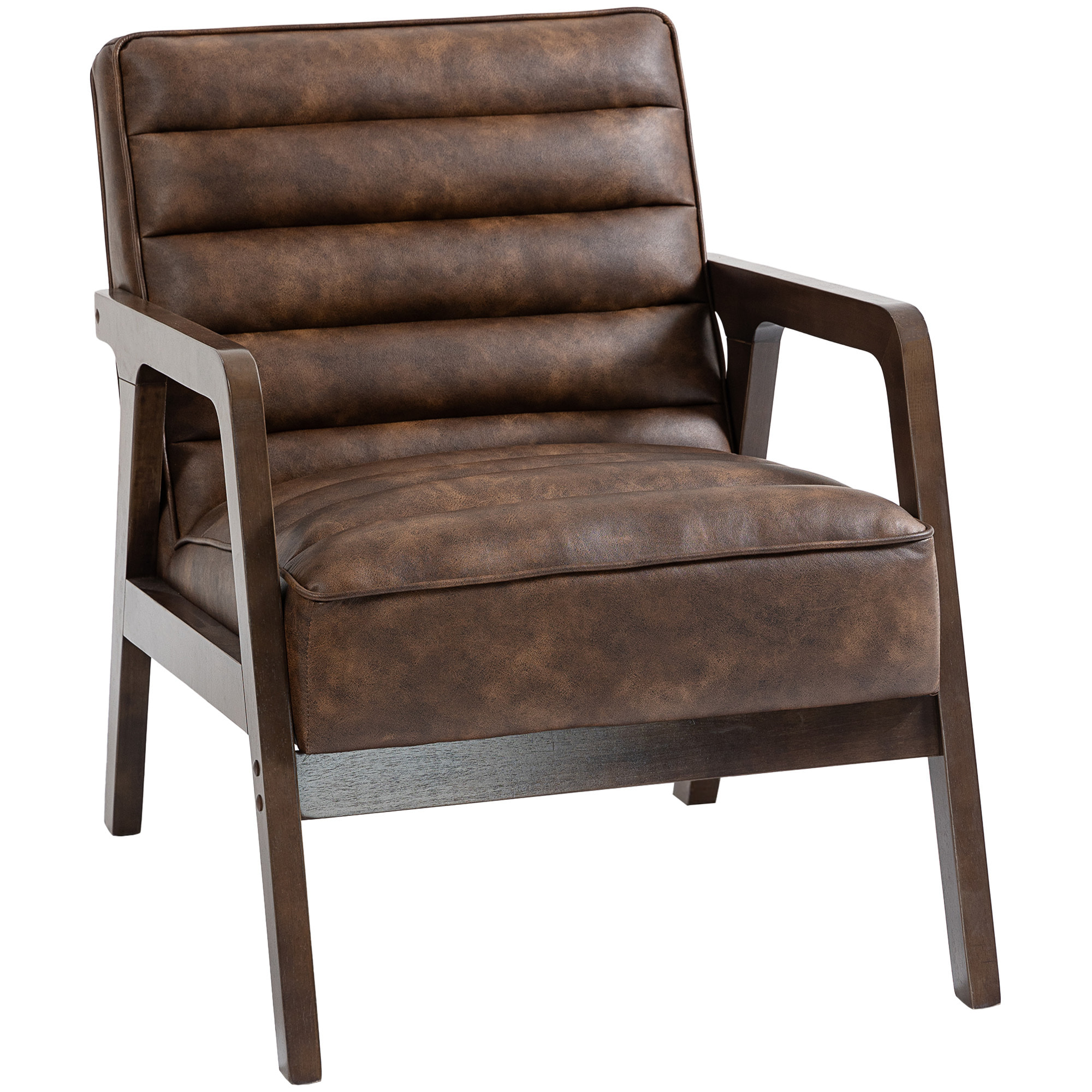 Butaca de Salón, Tapizado en PU, Sillón Lectura con Marco de Madera Maciza, Asiento Acolchado, Asiento Amplio, Butaca para Sala de Estar, Dormitorio, Marrón