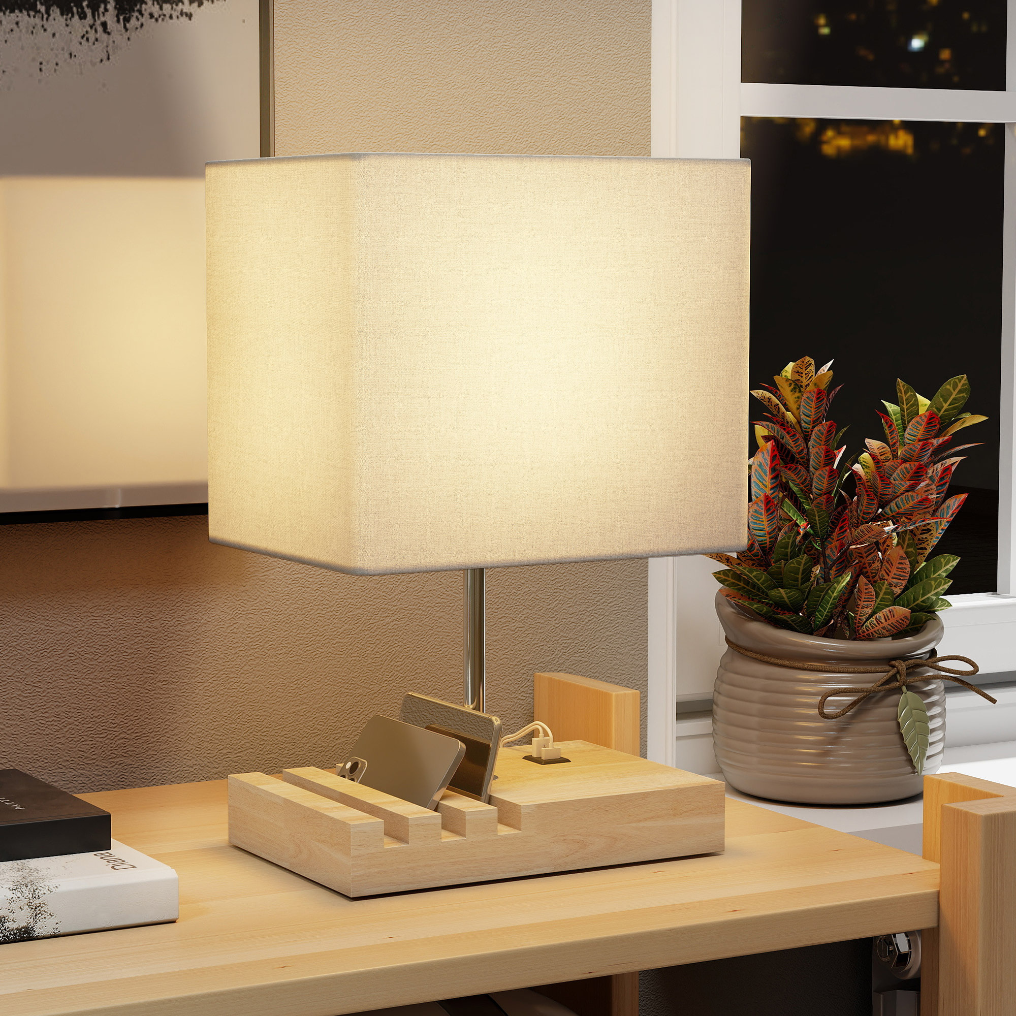 Lampe de chevet station de charge 2 en 1 USB A+C - 3 supports téléphone - bois clair blanc