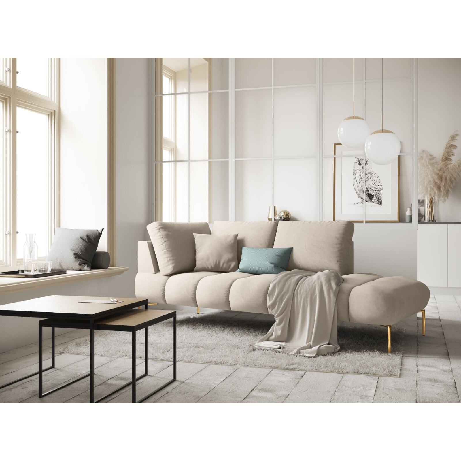 Méridienne droite "Hastings" 2 places en velours beige