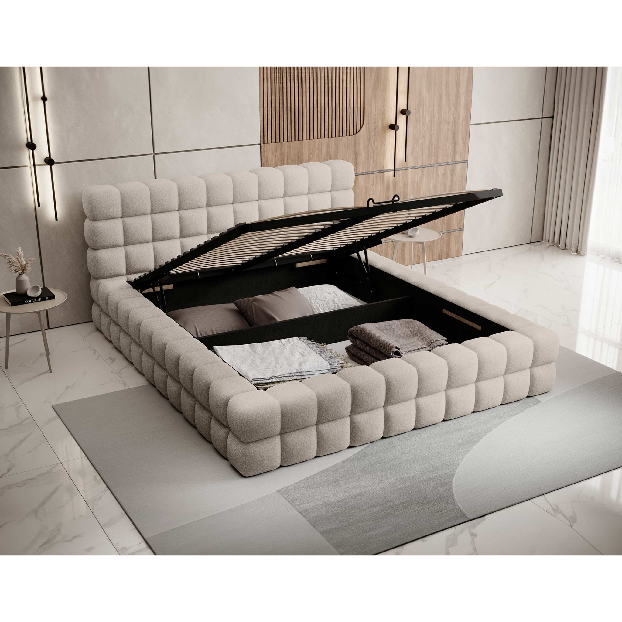 Kingston - lit coffre - 160x200 - sommier inclus - en tissu bouclette - Beige