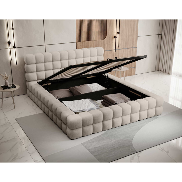 Kingston - lit coffre - 160x200 - sommier inclus - en tissu bouclette - Beige