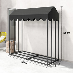 Estante de Leña Metálico, 186x70x185 cm, Leñero Exterior con Cubierta Impermeable 600D Oxford, Marco de Acero, Soporte para Leña de Chimenea, Carga 300 kg, para Jardín, Terraza