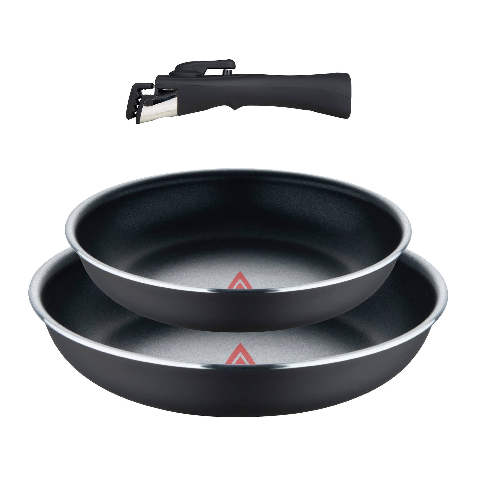 juego de 2 sartenes ø22ø26cm aluminio prensado negro y heat dot + mango desmontable