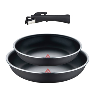 juego de 2 sartenes ø22ø26cm aluminio prensado negro y heat dot + mango desmontable
