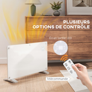 Radiateur à convection 1500W mural autoportant - affichage LED, timer 24h, thermostat, télécommande - verre blanc