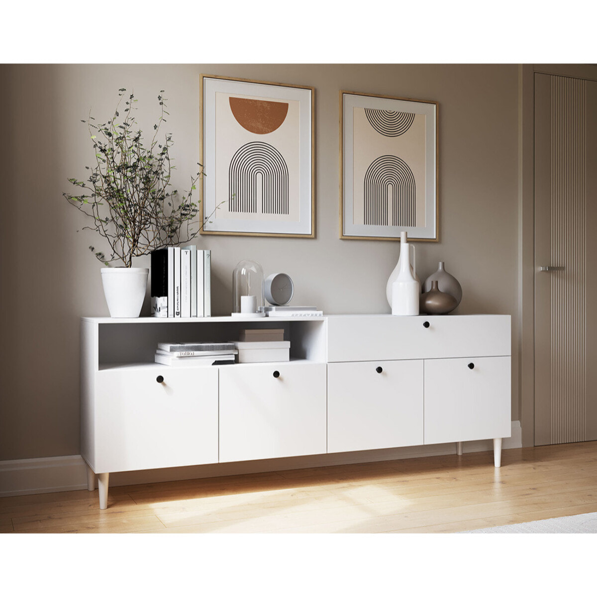 Gaby - buffet bas - blanc - 4 portes, 1 porte et 1 niche - 200 cm - Blanc